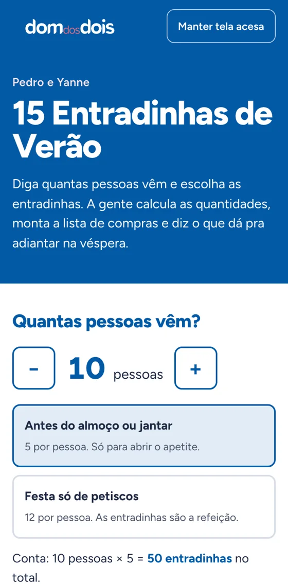Tela do app das 15 Entradinhas: escolha quantas pessoas vêm e o tipo de encontro